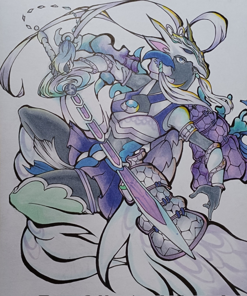 1girl armor bare_shoulders black_gloves blue_trim bodysuit colored_skin dragon_horns dragon_mask duel_monster dynamic_pose facing_to_the_side fujisa_ki_seina gauntlets gloves grey_eyes helmet highres holding holding_sword holding_weapon horns japanese_clothes kimono knees_up leg_armor looking_ahead looking_to_the_side pleated_skirt purple_skirt purple_trim shoulder_armor skirt sword swordsoul_of_mo_ye traditional_media turning_head weapon white_arm_warmers white_armor white_background white_hair white_helmet white_kimono yu-gi-oh!