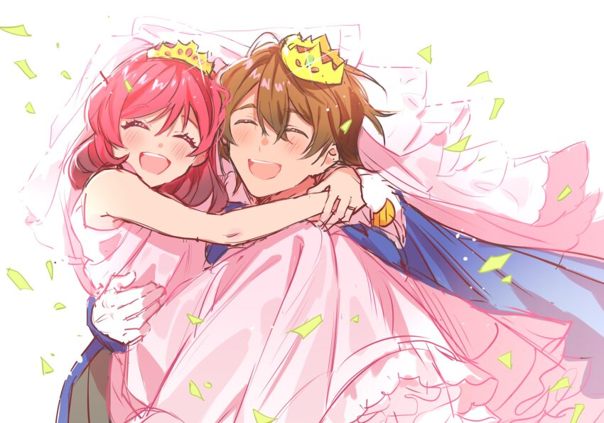 1boy 1girl blue_cape blush bridal_veil brown_hair cape closed_eyes coco_(yes!_precure_5) crown dress gloves highres hug jewelry kibou_no_chikara_otona_precure_&#039;23 kokoda_kouji medium_hair open_mouth pink_dress pink_hair precure ring short_hair smile tiara veil wani_(mezo) wedding_dress wedding_ring white_gloves yes!_precure_5 yes!_precure_5_gogo! yumehara_nozomi