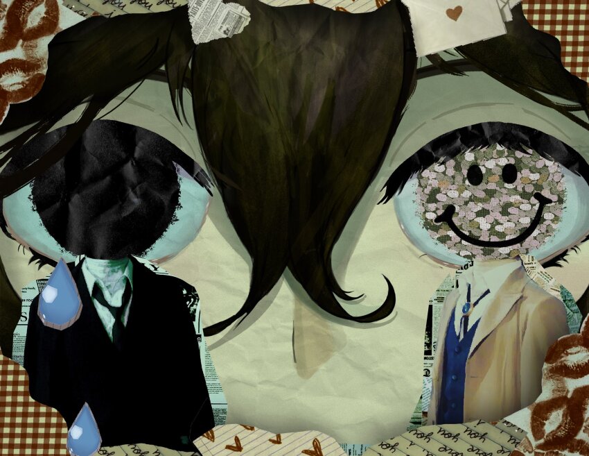 black_hair black_necktie black_suit blue_vest brooch bungou_stray_dogs collage collared_shirt crossed_bangs dazai_osamu_(bungou_stray_dogs) english_text formal_clothes headless heart heterochromia highres jewelry lipstick_mark male_focus multiple_views necktie paper_cutout paper_texture pikpip shirt short_hair smiley_face suit teardrop vest white_shirt