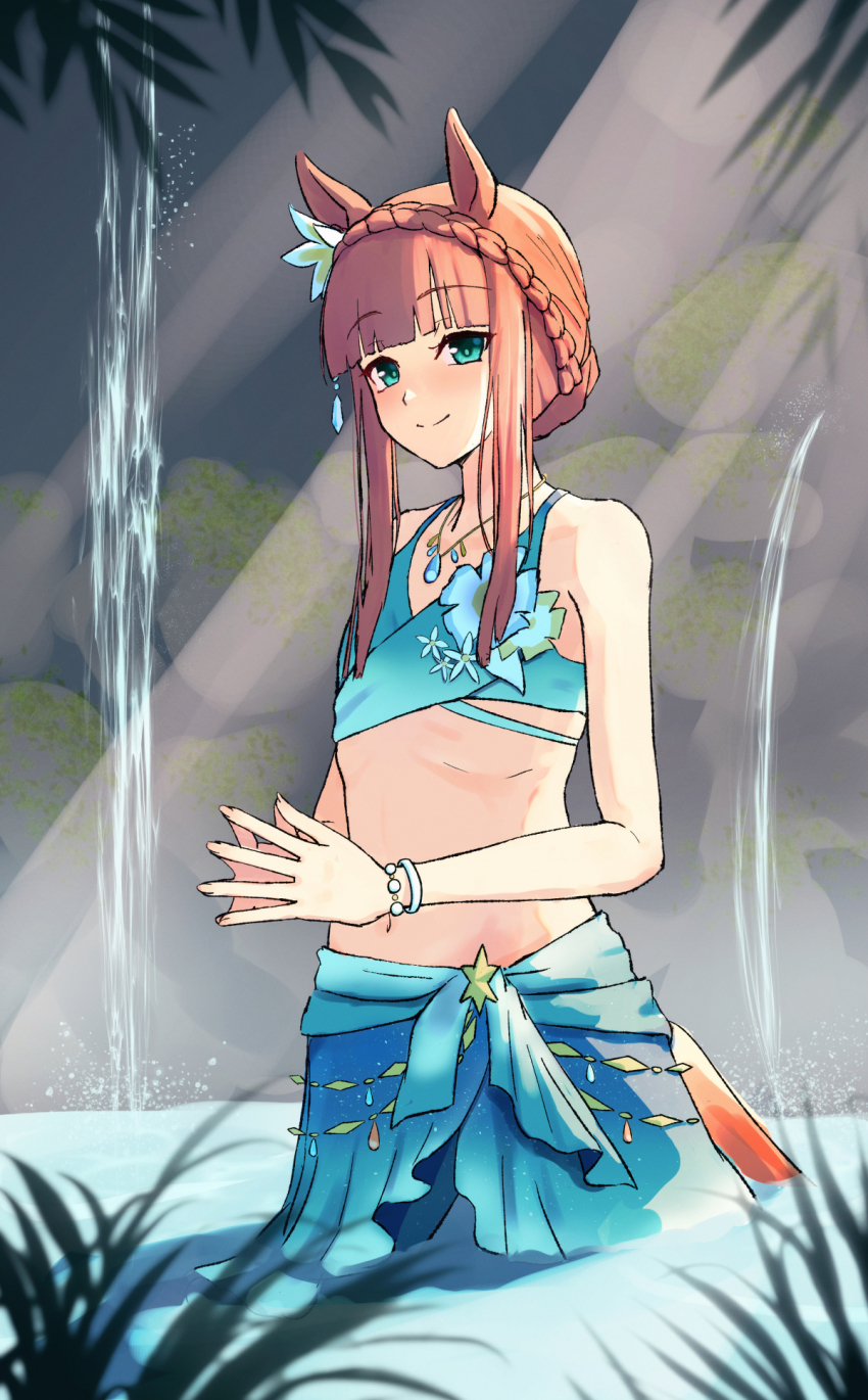 1girl animal_ears aqua_bikini aqua_sarong bare_shoulders bikini blunt_bangs blunt_tresses bracelet braid breasts commentary crown_braid ear_flower flat_chest flower_on_chest gradient_bikini gradient_sarong harakomeshi highres horse_ears horse_girl jewelry long_hair looking_at_viewer official_alternate_costume official_alternate_hairstyle orange_hair partially_submerged sarong silence_suzuka_(emerald_on_the_waves)_(umamusume) silence_suzuka_(umamusume) small_breasts smile solo swimsuit umamusume water waterfall