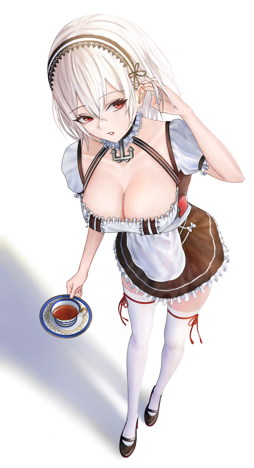 1girl absurdres azur_lane blush breasts cleavage collarbone cup dress female_focus full_body hair_between_eyes hairband highres lace-trimmed_hairband lace_trim large_breasts looking_at_viewer looking_up maid puffy_sleeves red_eyes shadow short_hair short_sleeves sirius_(azur_lane) solo tea teacup thighhighs thighs white_hair white_thighhighs you