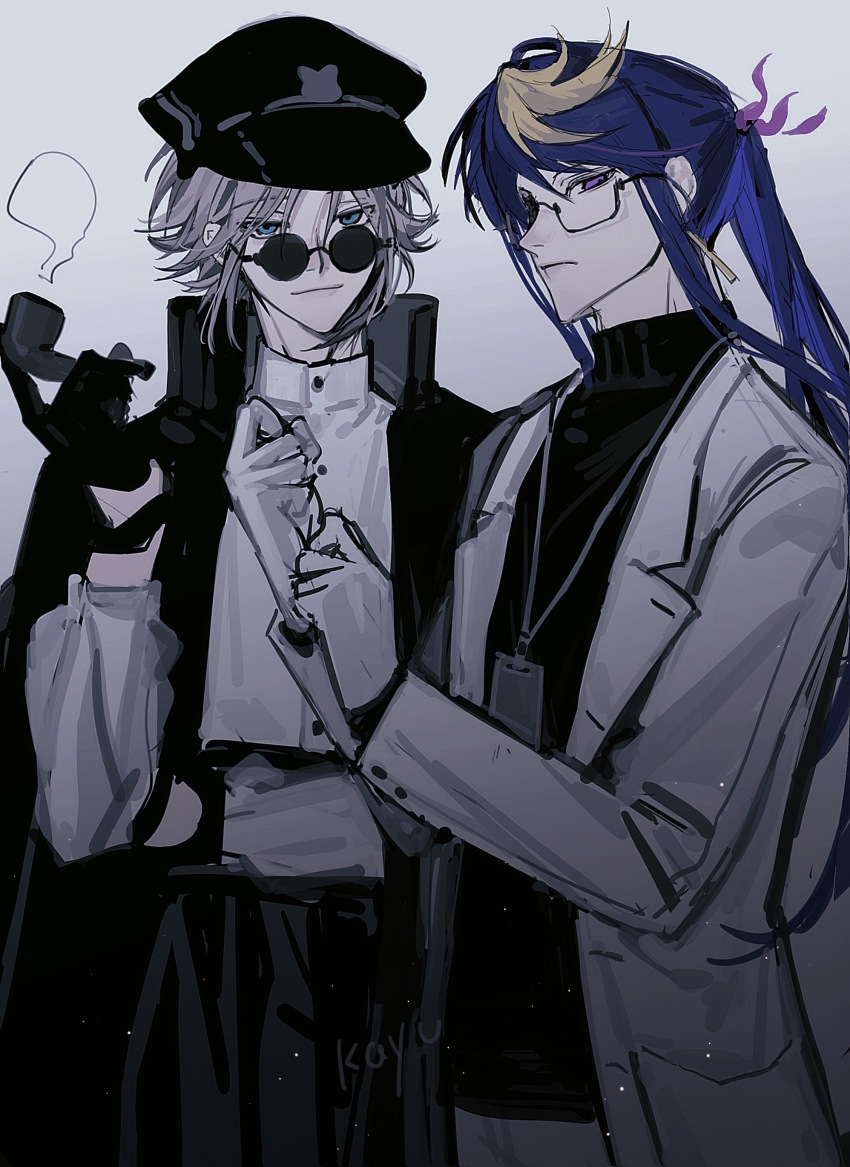 2boys absurdres adjusting_clothes adjusting_gloves bespectacled black_coat black_gloves black_hat black_sweater blonde_hair blue_eyes chinese_commentary closed_mouth coat cowboy_shot cuff_links dress_shirt earrings expressionless glasses gloves gradient_background grey_hair grey_hakama hakama hand_on_own_arm hat highres holding holding_smoking_pipe id_card japanese_clothes jewelry kayu_(yukagoin) lab_coat lanyard lapels light_particles light_smile long_hair long_sleeves looking_at_viewer male_focus multicolored_hair multiple_boys mysta_rias nijisanji notched_lapels open_clothes open_coat parted_bangs peaked_cap ponytail purple_eyes purple_hair shirt short_hair shu_yamino sidelocks sleeveless sleeveless_coat smile smoking_pipe streaked_hair sunglasses sweater swept_bangs turtleneck turtleneck_sweater virtual_youtuber white_background white_coat white_gloves white_shirt