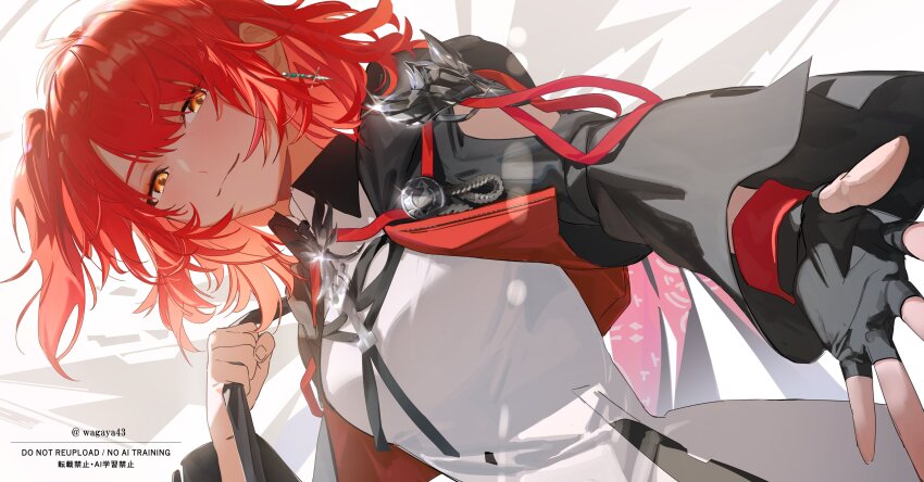 1girl absurdres arknights black_gloves black_jacket breasts commentary_request dutch_angle earrings exusiai_(arknights) exusiai_the_new_covenant_(arknights) fingerless_gloves gloves greyscale highres jacket jewelry long_sleeves looking_at_viewer medium_breasts medium_hair monochrome one_side_up orange_eyes red_hair shirt single_fingerless_glove smile solo twitter_username upper_body wagaya43 watermark white_shirt