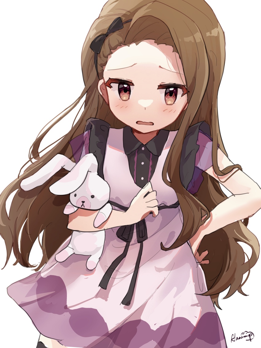 1girl absurdres black_bow black_hairband black_ribbon blush bow breasts brown_eyes brown_hair dress dress_bow hairband hand_on_own_hip hand_up highres holding holding_stuffed_toy idolmaster idolmaster_(classic) idolmaster_million_live! idolmaster_million_live!_theater_days long_hair looking_at_viewer minase_iori nnnn open_mouth pink_dress red_eyes ribbon see-through_clothes see-through_sleeves short_sleeves signature simple_background small_breasts solo stuffed_animal stuffed_rabbit stuffed_toy upper_body usa-chan_(idolmaster) white_background