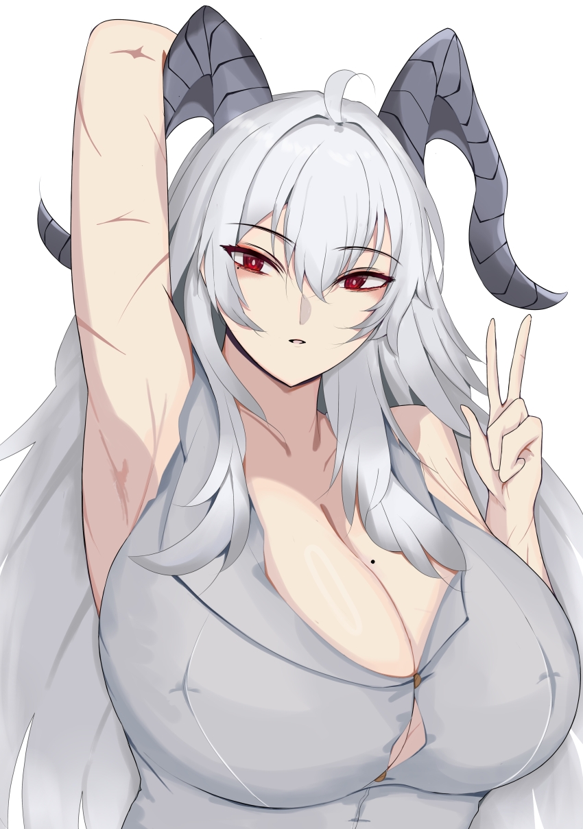 1girl absurdres alternate_breast_size arm_up bare_shoulders black_horns breasts collarbone commentary curled_horns edelweiss17701 grey_hair grey_shirt hair_between_eyes highres horns huge_breasts mole mole_on_breast parted_lips red_eyes scar self-upload shirt solo torn_clothes torn_shirt v white_hair wuthering_waves zani_(wuthering_waves)
