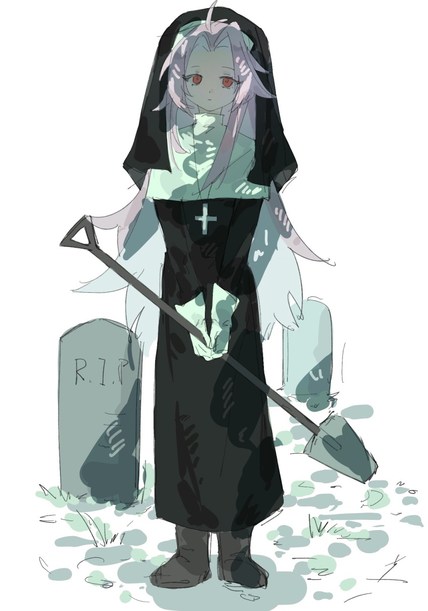 1boy alternate_costume black_dress boots brown_boots capelet chinese_commentary closed_mouth commentary_request cross cross_necklace crossdressing crossdressing_(mtf) curtained_hair dress expressionless full_body gloves hatsutori_hajime highres holding holding_shovel jewelry liningne long_hair long_sleeves male_focus necklace nun parted_bangs pink_hair red_eyes saibou_shinkyoku shovel sidelocks solo tombstone traditional_nun trap veil white_capelet white_gloves