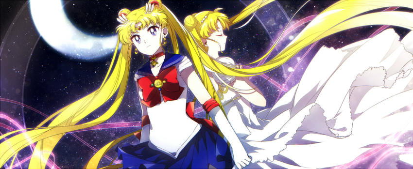 10s 1girl 2girls aka_tonbo_(lililil) anime_coloring bishoujo_senshi_sailor_moon bishoujo_senshi_sailor_moon_(first_season) bishoujo_senshi_sailor_moon_crystal blonde_hair blue_eyes blue_sailor_collar blue_skirt bow brooch choker closed_eyes double_bun dress dual_persona elbow_gloves floating_hair gloves hair_bun hair_ornament hairclip jewelry long_hair multiple_girls official_style princess_serenity red_bow sailor_collar sailor_moon skirt tsukino_usagi twintails very_long_hair white_dress white_gloves