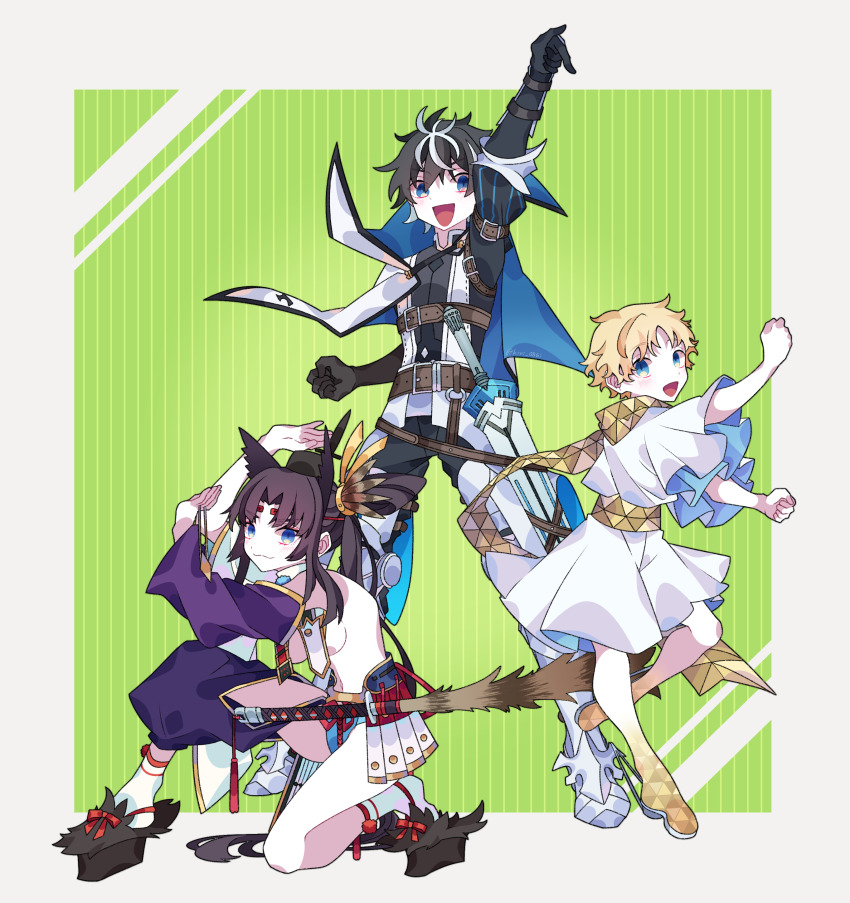 1girl 2boys absurdres armor asymmetrical_clothes asymmetrical_sleeves baggy_clothes black_hair blonde_hair blue_cloak blue_eyes breast_curtains breasts bright_pupils cape charlemagne_(fate) charlemagne_(first_ascension)_(fate) cloak detached_sleeves fate/grand_order fate_(series) feather_hair_ornament feathers hair_between_eyes hair_ornament hat highres japanese_armor kujiramaru kusazuri linea_alba long_hair looking_at_viewer medium_breasts mismatched_sleeves multicolored_hair multiple_boys navel open_mouth parted_bangs puff_and_slash_sleeves puffy_sleeves purple_sleeves rerebrace revealing_clothes scarf shirt short_hair shoulder_armor showgirl_skirt side_ponytail sidelocks single_pantsleg smile sode streaked_hair tate_eboshi tunic two-sided_cape two-sided_fabric two-tone_hair ushiwakamaru_(fate) very_long_hair voyager_(fate) voyager_(first_ascension)_(fate) white_cape white_cloak white_hair white_sleeves white_tunic yellow_scarf