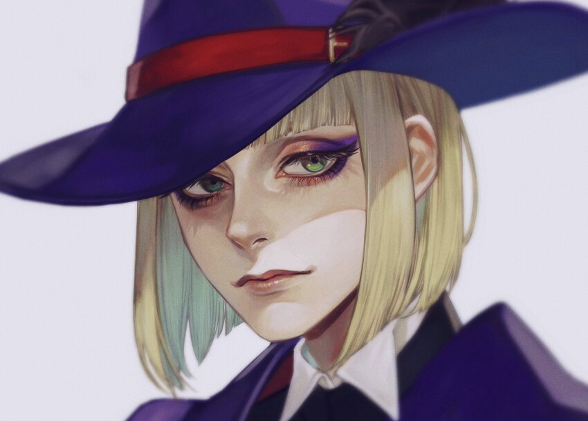 1boy bishounen blonde_hair blunt_bangs collared_shirt commentary_request expressionless eyelashes eyeshadow green_eyes hat highres lips looking_at_viewer makeup multicolored_eyeshadow murasaki_(fioletovyy) night_raven_college_uniform orange_eyeshadow purple_eyeshadow purple_hat rook_hunt shirt short_hair simple_background twisted_wonderland white_background witch_hat