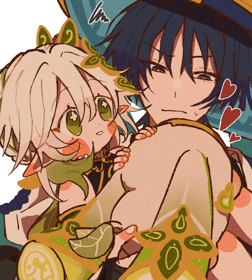 1boy 1girl bare_shoulders black_hair blue_hat blue_sleeves blunt_ends blush bright_pupils carrying closed_mouth creature cross-shaped_pupils detached_sleeves dress eyeliner eyeshadow fingernails genshin_impact gold green_eyes green_hair hair_between_eyes hat heart highres holding holding_creature jingasa layered_sleeves leaf looking_at_another looking_at_creature makeup multicolored_hair nahida_(genshin_impact) neo_akasha_terminal open_mouth princess_carry purple_eyes purple_rope raised_eyebrow red_eyeliner red_eyeshadow rope scaramouche_(genshin_impact) short_sleeves sidelocks streaked_hair sweatdrop symbol-shaped_pupils tempurian tilted_headwear wanderer_(genshin_impact) white_background white_hair white_mouth white_pupils white_sleeves