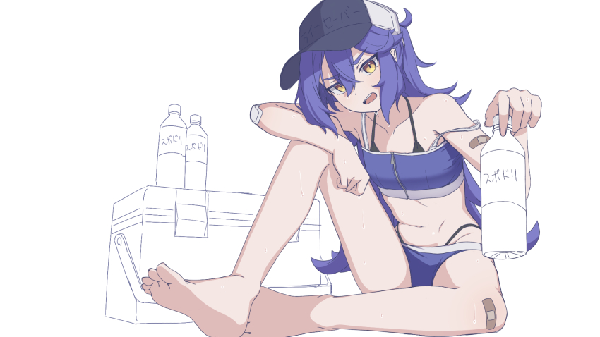 1girl bare_shoulders bikini bismuth_(paravene) black_bikini breasts brown_hair cape collarbone double_bikini highres long_hair looking_at_viewer navel open_mouth original patch purple_bikini purple_hair sitting small_breasts solo stomach swimsuit teeth upper_teeth_only very_long_hair