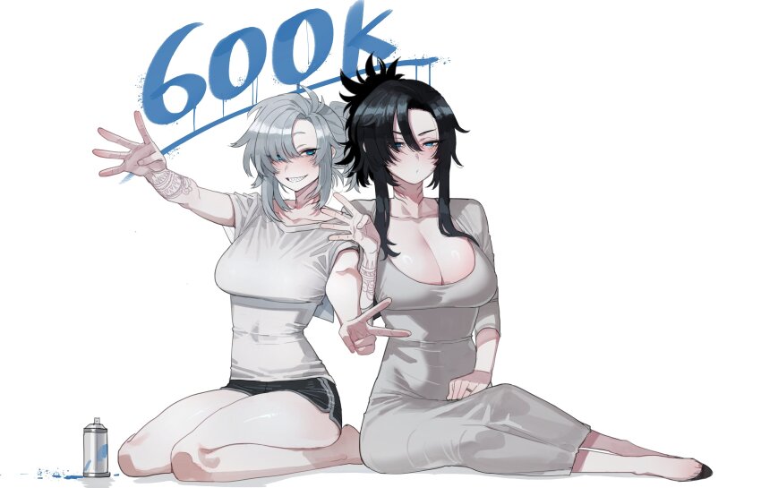 2girls absurdres arm_tattoo barefoot black_footwear black_hair blue_eyes breasts cleavage commentary dolphin_shorts dress gills grey_dress grey_hair grin highres jewelry large_breasts long_hair looking_at_viewer milestone_celebration mother_and_daughter multiple_girls original ratatatat74 ring seiza shark_girl sharp_teeth shirt short_sleeves shorts simple_background sitting smile spray_can tattoo teeth v wedding_ring white_background white_shirt
