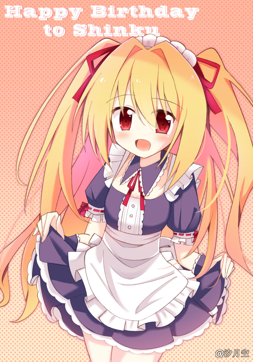 1girl :d alternate_costume apron artist_name black_dress blonde_hair blush center_frills character_name ciallo_0721_(poi) commentary_request cowboy_shot detached_collar dress enmaided eyes_visible_through_hair frilled_apron frilled_dress frilled_sleeves frills hair_between_eyes hair_intakes hair_ribbon happy happy_birthday highres irotoridori_no_sekai long_hair looking_at_viewer maid maid_apron maid_headdress neck_ribbon nikaidou_shinku open_mouth orange_background polka_dot polka_dot_background puffy_short_sleeves puffy_sleeves red_eyes red_ribbon ribbon ribbon-trimmed_sleeves ribbon_trim short_sleeves simple_background skirt_hold smile solo two_side_up very_long_hair white_apron
