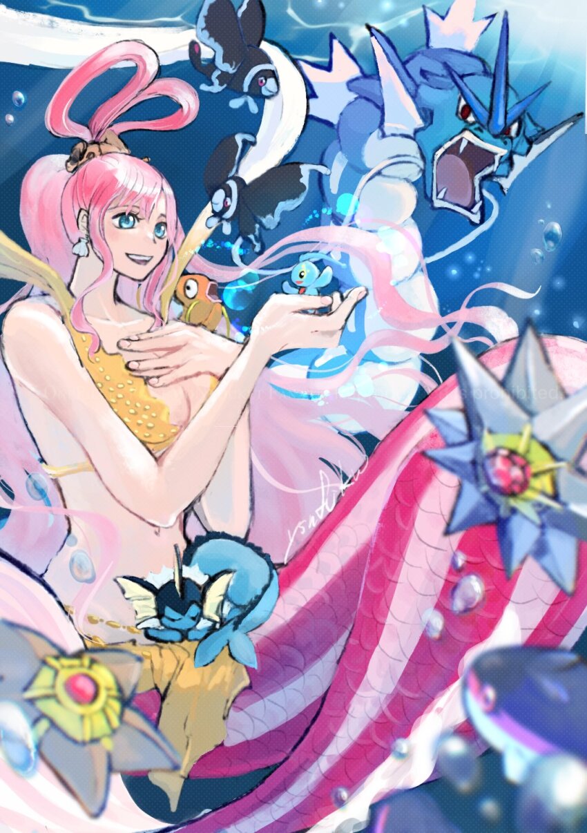 1girl bikini blue_eyes commentary earrings finneon fish_hair_ornament gen_1_pokemon gen_4_pokemon gyarados hair_ornament half_updo highres jewelry legendary_pokemon lumineon magikarp making-of_available manaphy mermaid monster_girl mythical_pokemon navel nintendo one_piece pink_hair pokemon pokemon_(creature) shell shell_earrings shirahoshi sidelocks signature smile starmie staryu swimsuit underwater vaporeon yellow_bikini ysnfjkw