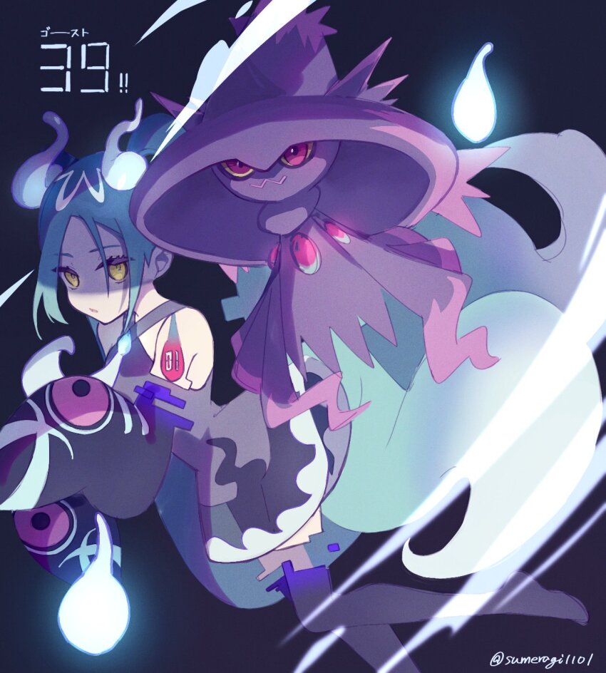 1girl 39 black_background commentary creatures_(company) crossover detached_sleeves dress eyelashes game_freak gen_4_pokemon ghost_miku_(project_voltage) green_hair grey_dress hatsune_miku highres long_hair mismagius nintendo pokemon pokemon_(creature) project_voltage shoulder_tattoo sleeveless sleeveless_dress sleeves_past_fingers sleeves_past_wrists sumeragi1101 tattoo translated twintails twitter_username vocaloid yellow_eyes