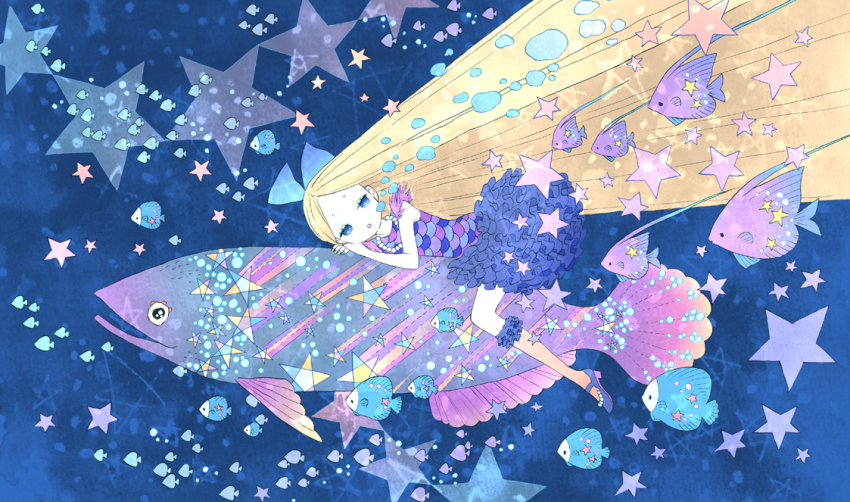 1girl absurdly_long_hair air_bubble blonde_hair blue_eyes bubble butterflyfish commentary_request fish freediving frilled_skirt frills jewelry koishi_(coishi) long_hair looking_at_viewer necklace original pearl_necklace scale_print school_of_fish skirt star_(sky) submerged surreal swimming tropical_fish underwater very_long_hair