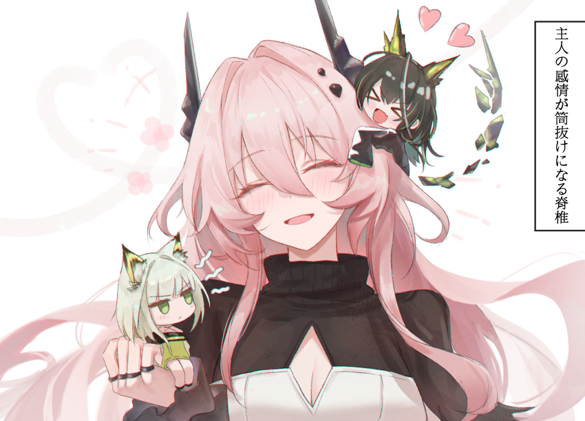 &gt;_&lt; 3girls absurdres animal_ears arknights black_hair black_horns breasts c113oreo cat_ears cat_girl chibi chibi_on_head cleavage_cutout clothing_cutout commentary dated_commentary dress green_dress heart highres holding_chibi horns kal&#039;tsit_(arknights) large_breasts long_hair material_growth mon3tr_(arknights) multiple_girls on_head oripathy_lesion_(arknights) pink_hair simple_background smile theresa_(arknights) translation_request very_long_hair white_background white_dress