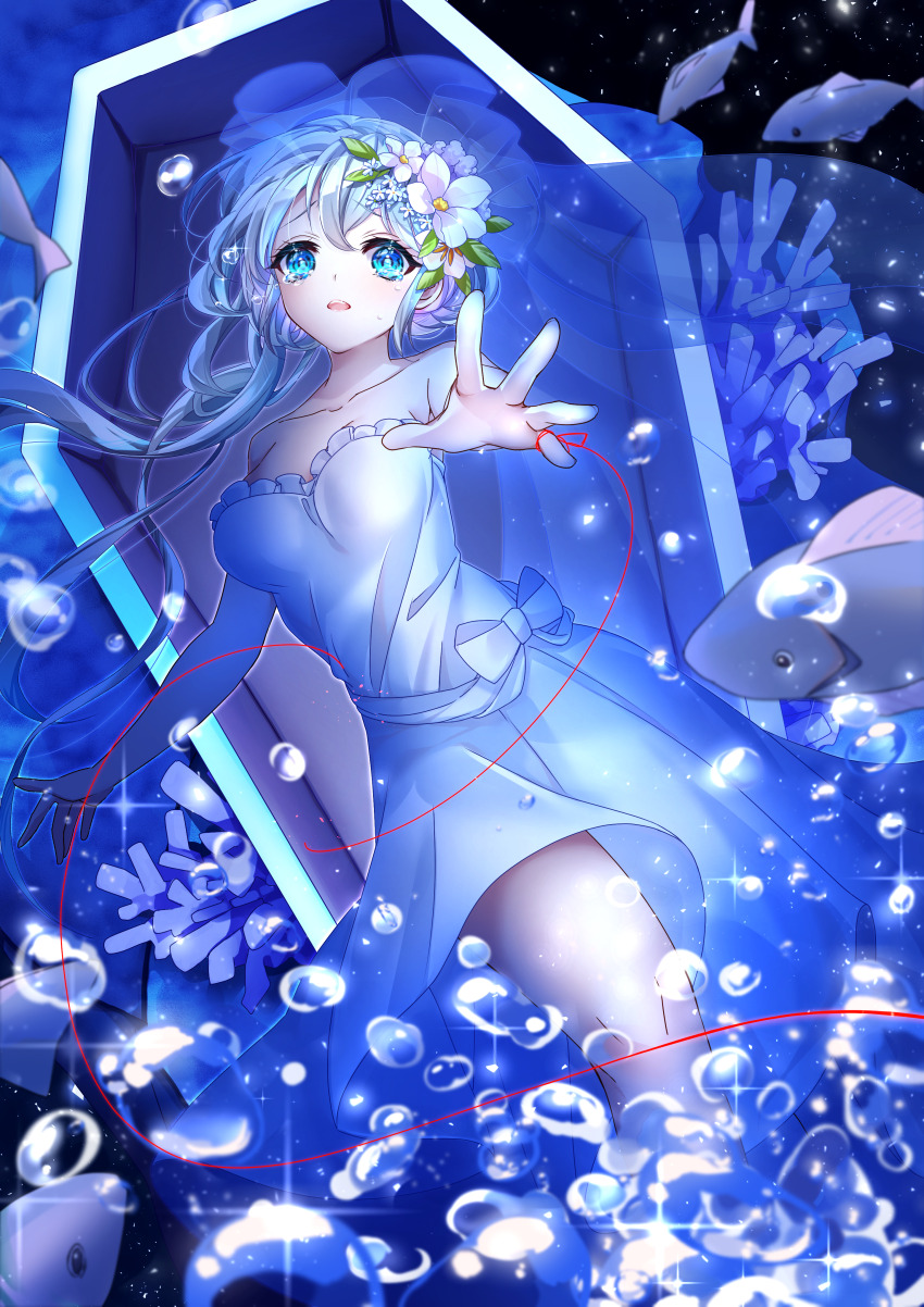 1girl absurdres animal bare_shoulders blue_eyes breasts bride coffin collarbone coral dress fish floating_tears flower flower_request frills hair_flower hair_ornament highres kimiori_(yuapple241) long_hair looking_at_viewer ocean open_mouth original pale_skin reaching reaching_towards_viewer solo_focus string string_of_fate tearing_up teeth underwater upper_teeth_only veil white_dress white_flower white_hair