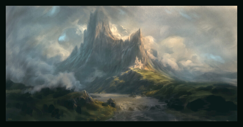 absurdres black_border border cloud cloudy_sky commentary day english_commentary highres landscape mountain no_humans original outdoors philipp_urlich river scenery sky