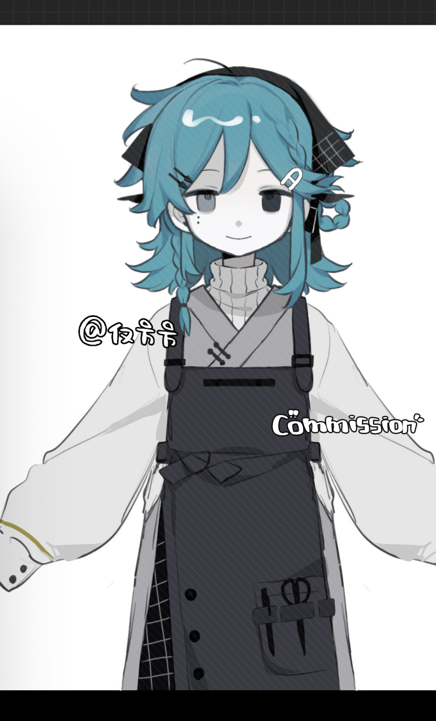 1girl apron apron_pocket arrow_hair_ornament art_program_in_frame black_apron black_eyes blue_hair braid buttons chinese_commentary closed_mouth colored_skin commentary_request commission cowboy_shot grey_eyes grey_kimono hair_between_eyes hair_ornament hairclip highres japanese_clothes jin_fang_jintian_gu_le_ma kimono looking_at_viewer medium_hair mole mole_under_eye multiple_moles original pocket procreate_(medium) procreate_(software) ribbed_sweater scissors simple_background smile solo sweater turtleneck turtleneck_sweater watermark white_background white_skin white_sweater