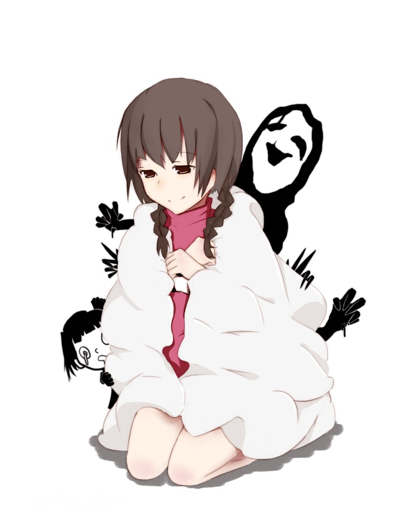 2girls blanket braid brown_eyes brown_hair danbo_(3288624) highres madotsuki monoko multiple_girls seiza sitting smile twin_braids uboa yume_nikki