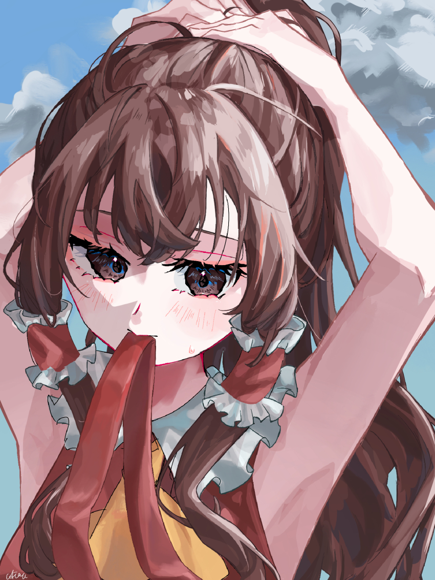 1girl aira_053 armpits arms_up ascot black_hair blue_sky blush cloud hair_tubes hakurei_reimu highres long_hair mouth_hold red_eyes red_ribbon red_shirt ribbon ribbon_in_mouth shirt sidelocks sky sleeveless sleeveless_shirt solo sweatdrop touhou tying_hair very_long_hair yellow_ascot