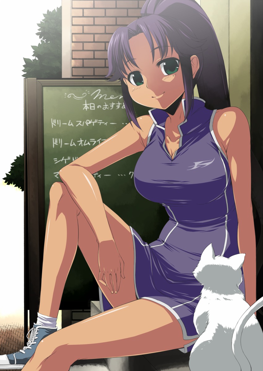 1girl asuka_(dream_c_club_zero) bare_legs bare_shoulders black_hair breasts cat dark-skinned_female dark_skin dream_c_club dream_c_club_(series) dream_c_club_zero female_focus green_eyes highres large_breasts leg_lift long_hair onija_tarou ponytail sitting smile solo sportswear tan tennis_uniform white_cat