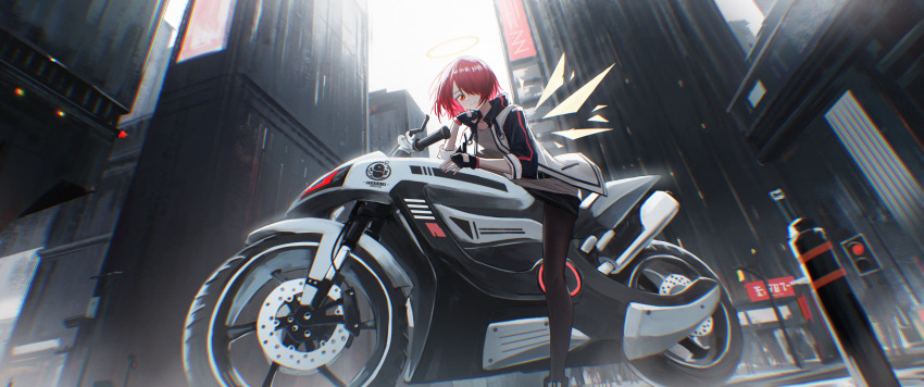 1girl absurdres arknights black_gloves black_pantyhose black_skirt cityscape de4d_fish detached_wings energy_wings exusiai_(arknights) fingerless_gloves gloves hair_over_one_eye halo highres jacket motor_vehicle motorcycle on_motorcycle open_clothes open_jacket pantyhose penguin_logistics_logo red_eyes red_hair shirt short_hair skirt solo traditional_halo white_jacket wings