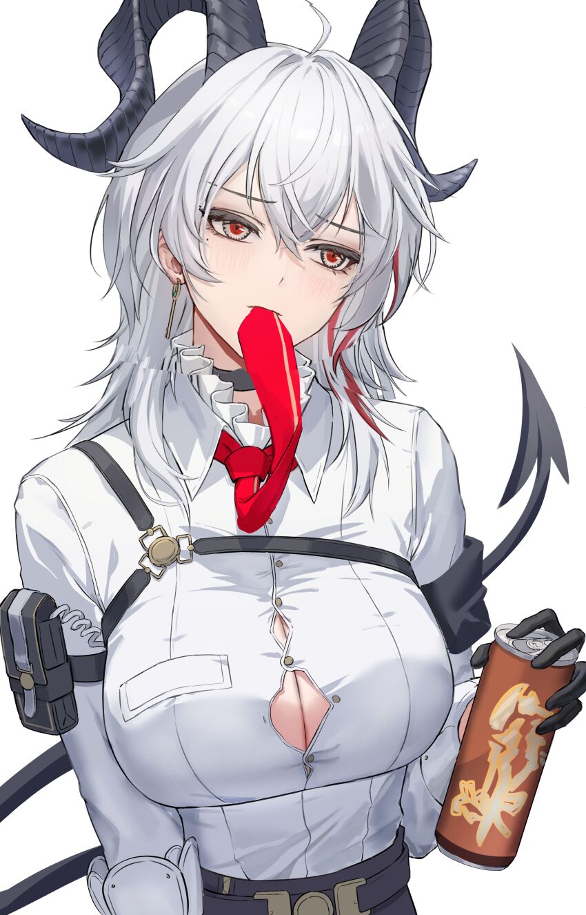 1girl absurdres arm_pouch armband black_armband black_choker black_eyes black_gloves black_horns black_pouch black_tail breasts button_gap can chest_harness choker collared_shirt commentary_request curled_horns demon_tail drink_can earrings gloves harness highres hodangdang_ok holding holding_can horns jewelry key key_earrings key_necklace korean_commentary large_breasts long_hair looking_to_the_side mole mole_under_eye mouth_hold multicolored_eyes multicolored_hair necklace necktie red_eyes red_necktie shirt shirt_tucked_in simple_background solo streaked_hair tail two-tone_eyes upper_body white_background white_hair white_shirt wuthering_waves zani_(wuthering_waves)