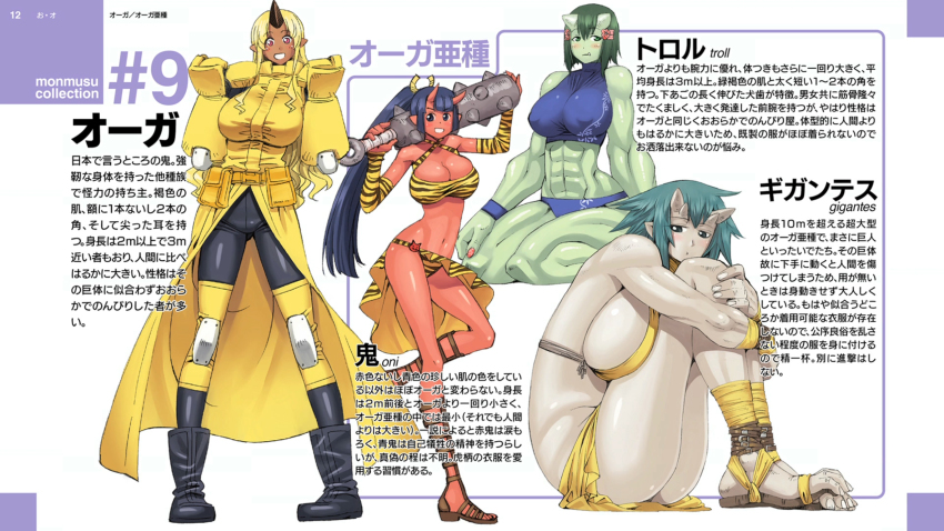 10s 4girls :d abs black_hair blonde_hair blush boots breasts brown_eyes cleavage club club_(weapon) colored_skin covered_erect_nipples dark-skinned_female dark_skin detached_sleeves elbow_pads end_card giant giantess gigantes_(monster_musume) green_eyes green_hair green_skin grey_skin highres horns hugging_own_legs kinu_(monster_musume) knee_pads long_hair monster_girl monster_musume_no_iru_nichijou multiple_girls muscular navel official_art ogre okayado oni open_mouth pointy_ears ponytail red_eyes red_oni red_skin sandals short_hair sideboob simple_background single_horn sitting smile spiked_club tiger_stripes tionishia translation_request troll troll_(monster_musume) tusks very_long_hair weapon