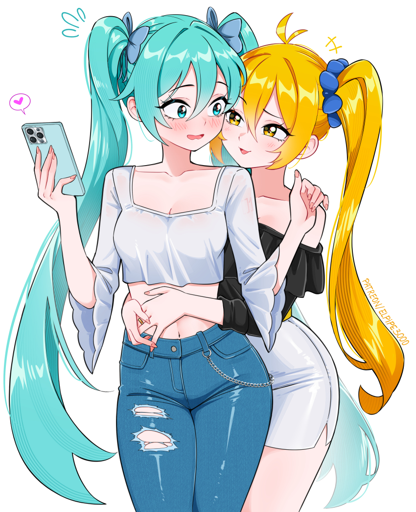 2girls absurdres akita_neru black_shirt blonde_hair blue_bow blue_eyes blue_hair blue_scrunchie blush bow breasts cellphone cleavage cropped_shirt denim elpipe_3000 frilled_shirt frills hair_between_eyes hair_bow hair_ornament hair_scrunchie hatsune_miku highres holding holding_phone hug hug_from_behind jeans long_hair multiple_girls navel off-shoulder_shirt off_shoulder open_mouth orange_nails pants pencil_skirt phone scrunchie shirt sidelocks skirt smartphone torn_clothes torn_jeans torn_pants twintails vocaloid white_shirt yellow_eyes yuri