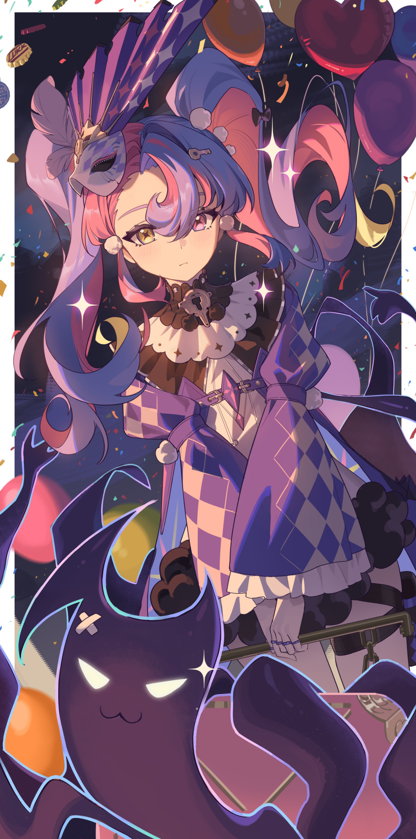 1girl absurdres airseal black_collar chinese_commentary closed_mouth coat collar commentary_request dress eye_mask fur-trimmed_dress fur_trim heterochromia highres holding holding_suitcase jewelry key_hair_ornament long_hair long_sleeves looking_at_viewer mask mask_on_head multicolored_hair multiple_rings pero_(wuthering_waves) pink_hair pink_pupils purple_coat purple_hair ring roccia_(wuthering_waves) short_dress suitcase symbol-shaped_pupils twintails two-tone_hair white_dress wuthering_waves x-shaped_pupils yellow_eyes