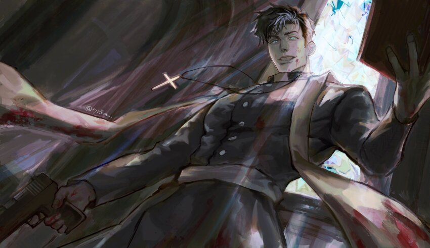 1boy batman_(series) bible_(object) black_hair black_robe blue_eyes church clerical_collar cross cross_necklace dc_comics hat highres holding jason_todd jewelry latin_cross long_sleeves looking_at_viewer male_focus mitre multicolored_hair muscular muscular_male necklace pectorals priest robe short_hair smile solo two-tone_hair tyt_tham white_hair