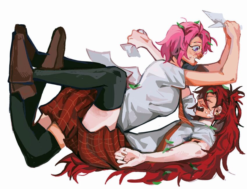2girls black_thighhighs blood blood_on_face brown_shoes commentary_request ear_piercing earrings highres jewelry jinx_(league_of_legends) kid_sppinarl league_of_legends long_hair lux_(league_of_legends) multiple_girls necktie open_mouth piercing pink_hair plaid_clothes plaid_skirt pleated_skirt purple_eyes red_hair red_necktie red_skirt school_uniform shirt shoes simple_background skirt star_guardian_(league_of_legends) star_guardian_jinx star_guardian_lux stuffed_toy thighhighs twintails white_background white_shirt yuri