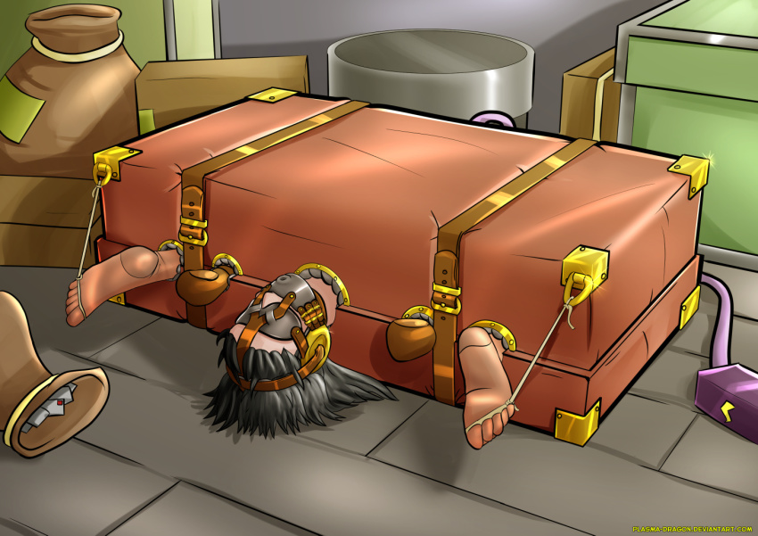 1girl artist_request bdsm black_hair blindfold bondage bondage_mittens bound dildo_gag earmuffs female_focus forniphilia gag head_harness human_furniture humiliation in_container luggage panel_gag plasma_dragon sensory_deprivation