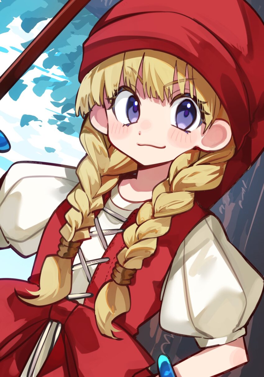 1girl blonde_hair blue_eyes blush bracelet braid dragon_quest dragon_quest_xi dress hair_over_shoulder hat highres jewelry long_hair looking_at_viewer puffy_short_sleeves puffy_sleeves red_dress red_hat short_sleeves smile solo tsumikitsuki_(katsuobushi) twin_braids veronica_(dq11)