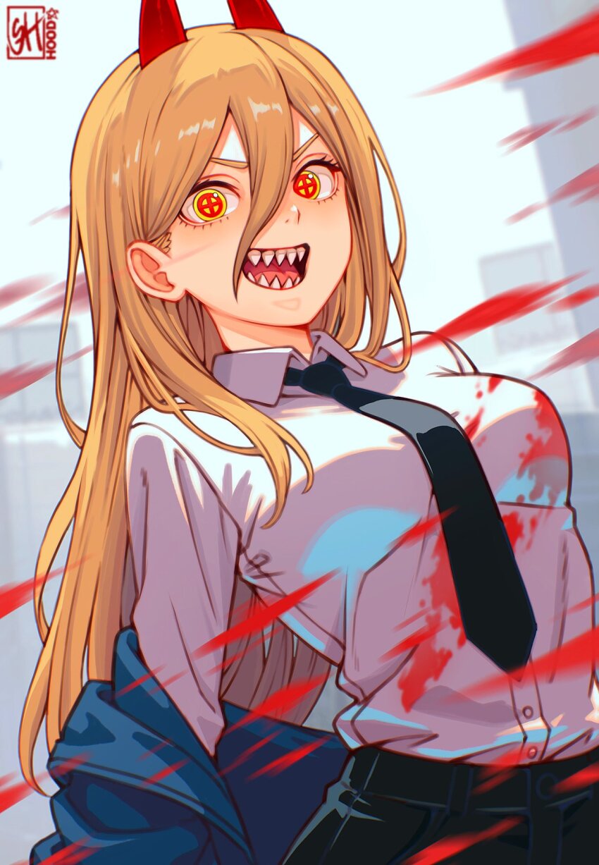 artist_logo black_necktie black_pants blood blood_on_clothes blood_splatter blue_jacket breasts building chainsaw_man cityscape collared_shirt commentary crosshair_pupils day demon_horns double-parted_bangs dress_shirt english_commentary hair_behind_ear hair_between_eyes hair_over_shoulder highres horns jacket jacket_partially_removed large_breasts logo long_bangs long_hair long_sleeves looking_at_viewer necktie open_mouth orange_hair outdoors pants power_(chainsaw_man) red_horns red_pupils sharp_teeth shirt shirt_tucked_in skaggshood sky skyscraper smile teeth upper_body v-shaped_eyebrows white_shirt white_sky yellow_eyes