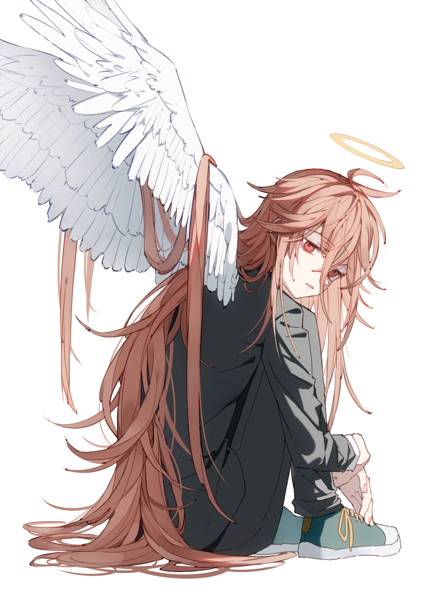 1boy absurdres angel_devil_(chainsaw_man) black_jacket black_pants chainsaw_man deep_(deep4946) feathered_wings formal_clothes hair_between_eyes halo highres jacket knees_up long_hair looking_at_viewer male_focus pant_suit pants red_eyes red_hair simple_background sitting solo suit suit_jacket very_long_hair white_background white_wings wings yellow_halo