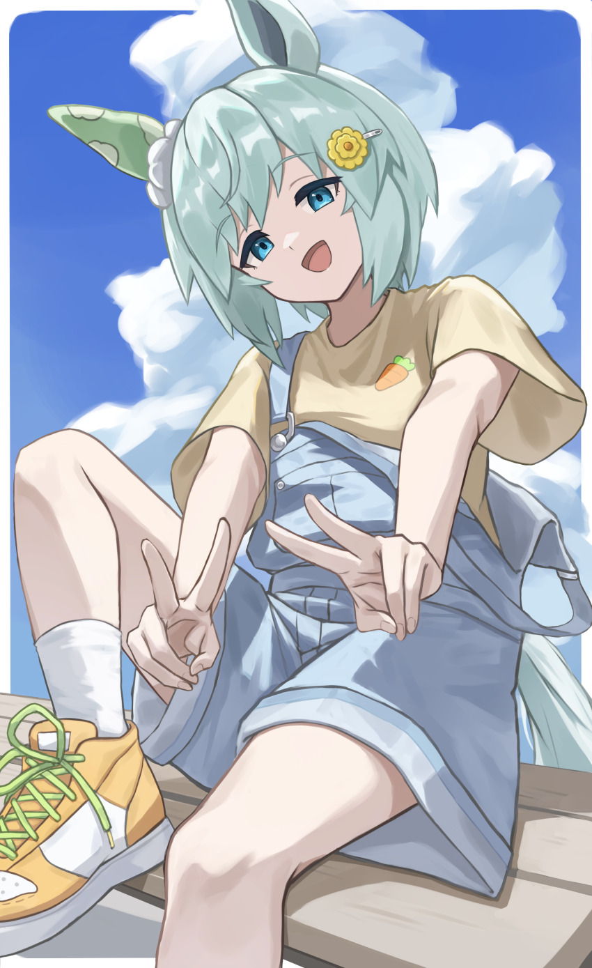 1girl absurdres animal_ears blue_eyes blue_overalls blue_shorts blue_sky carrot_print casual cloud commentary_request denim_overalls double_v ear_covers flower food_print grey_hair hair_between_eyes hair_flower hair_ornament hairclip highres horse_ears horse_girl horse_tail looking_at_viewer open_mouth outdoors overall_shorts overalls seiun_sky_(umamusume) shirt shoes short_hair short_sleeves shorts single_ear_cover sitting sky smile socks solo sunflower sunflower_hair_ornament suspenders suspenders_slip tail umamusume utd_(ponzu_supai) v white_socks yellow_shirt