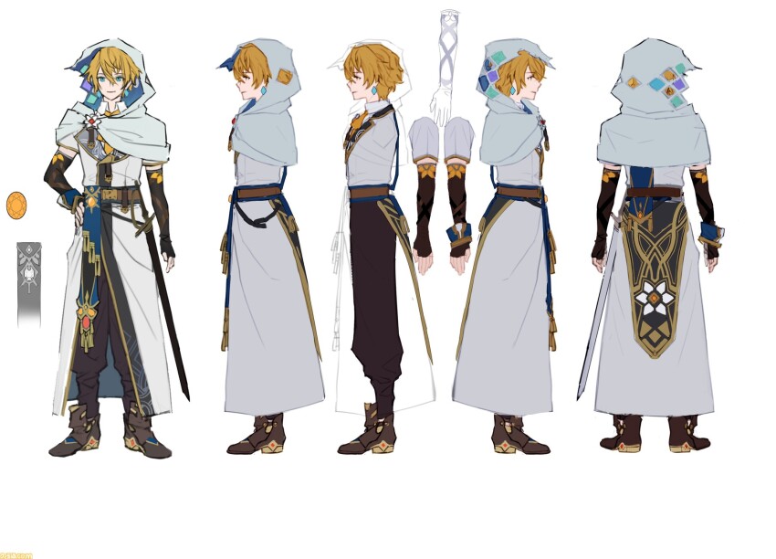 1boy atelier_(series) atelier_resleriana belt black_footwear black_gloves black_pants blonde_hair blue_eyes reference_sheet cloak closed_mouth earrings from_behind from_side full_body gloves hair_between_eyes hand_on_own_hip highres jewelry long_sleeves looking_at_viewer male_focus multiple_views official_art pants roman_kalman second-party_source shoes short_hair simple_background smile standing umiu_geso white_background white_cloak