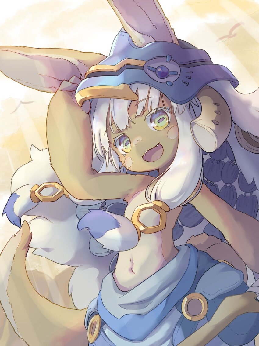 1other :d adjusting_clothes adjusting_headwear animal_ears blue_hat blue_pants body_fur brown_fur ears_through_headwear fake_horns green_eyes hat head_tilt highres horizontal_pupils horned_headwear horns looking_at_viewer made_in_abyss nanachi_(made_in_abyss) narehate navel open_mouth other_focus pants puffy_pants rabbit_ears sidelocks smile solo tail tamakake_(tamakake58n) topless_other whiskers white_hair