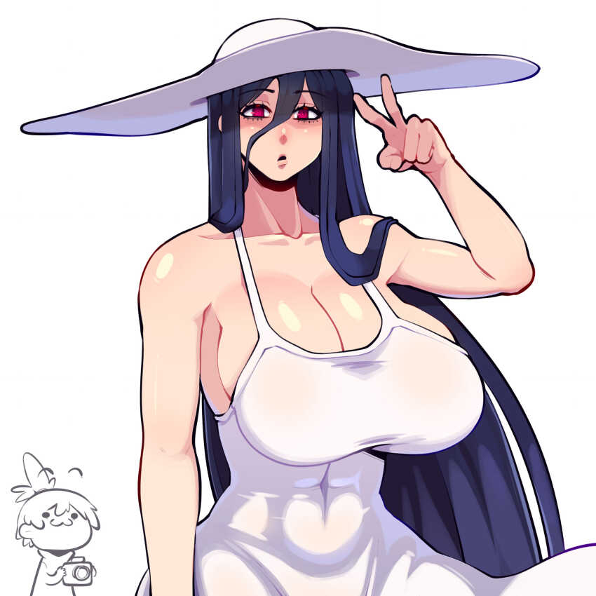 1boy 1girl :3 black_hair breasts butter_sugoi camera cleavage collarbone commentary covered_navel dress hair_between_eyes hasshaku-sama hat highres holding holding_camera huge_breasts long_hair original red_eyes topknot turtleneck v very_long_hair white_dress white_hat