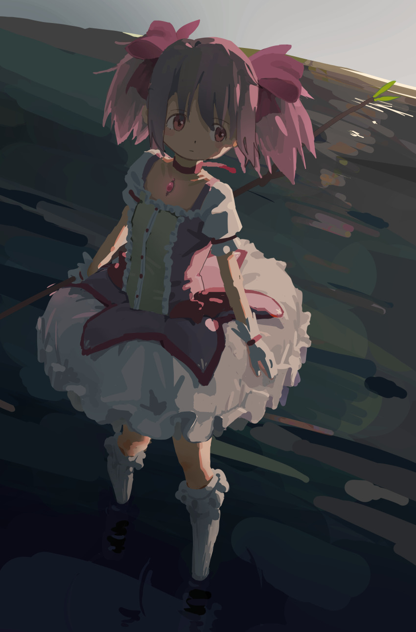1girl absurdres blue_sky blush_stickers bow bow_(weapon) bubble_skirt buttons center_frills chest_jewel choker closed_mouth commentary dress expressionless frilled_dress frilled_skirt frilled_sleeves frilled_socks frills full_body gloves hair_bow highres holding holding_bow_(weapon) holding_weapon kaname_madoka kaname_madoka_(magical_girl) kneehighs looking_at_viewer magical_girl mahou_shoujo_madoka_magica mahou_shoujo_madoka_magica_(anime) miniskirt ocean pink_bow pink_dress pink_eyes pink_gemstone pink_hair puffy_short_sleeves puffy_sleeves red_bow red_choker ririsu short_dress short_hair short_sleeves short_twintails skirt skirt_under_dress sky socks solo square_neckline standing sunrise tareme twintails wading waist_bow weapon white_gloves white_skirt white_sleeves white_socks