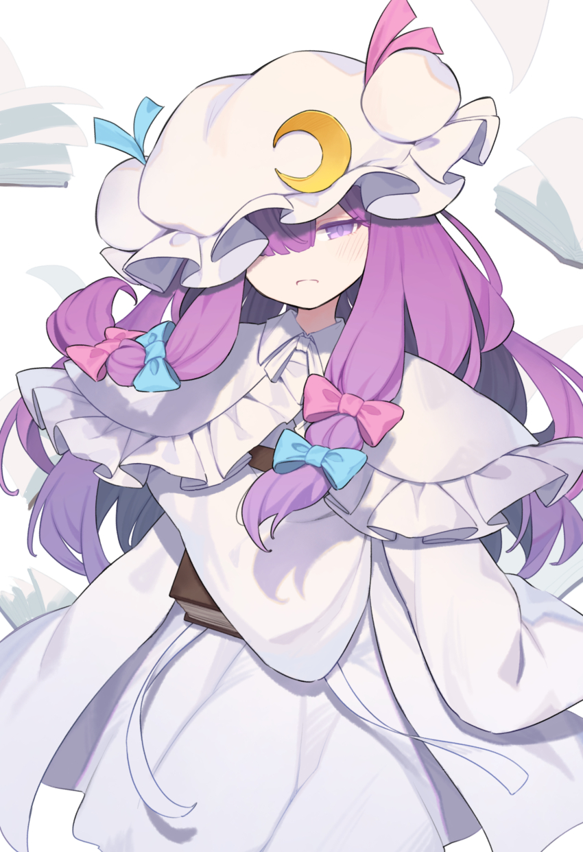 1girl absurdres blush book capelet crescent crescent_hat_ornament dress frills garasuno hair_ribbon hat hat_ornament highres long_hair long_sleeves looking_at_viewer mob_cap one_eye_covered open_book open_mouth patchouli_knowledge purple_eyes purple_hair ribbon smile solo touhou white_background white_capelet white_dress