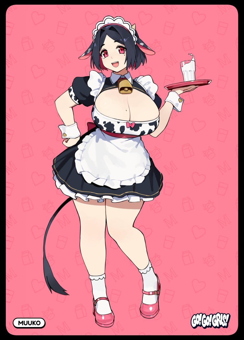 1girl absurdres animal_ears animal_print bell black_hair breasts cleavage cow_ears cow_girl cow_horns cow_print cow_tail cowbell curvy go!_go!_gris! hands_on_own_hips highres horns implied_breast_milk implied_lactation large_breasts medium_hair milk muuko_(go!_go!_gris!) neck_bell pink_background simple_background tail thick_thighs thighs vertigris