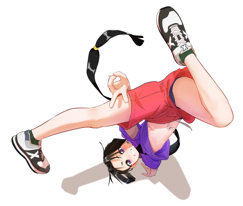 1boy absurdres arm_support bare_legs bishounen black_hair blue_male_underwear blush breakdance bulge_peek clothes_lift commentary_request contemporary crotch_seam drawstring from_above grin hair_intakes hand_up handstand highres houjou_tokiyuki_(nige_jouzu_no_wakagimi) kubari long_hair looking_at_viewer looking_up low-tied_long_hair male_focus male_underwear male_underwear_peek navel nige_jouzu_no_wakagimi nipples one_arm_handstand outstretched_leg parted_bangs ponytail purple_eyes purple_shirt red_shorts shirt shirt_lift shoes short_shorts short_sleeves shorts sidelocks_tied_back simple_background smile sneakers solo spread_legs sweatdrop underwear upside-down v