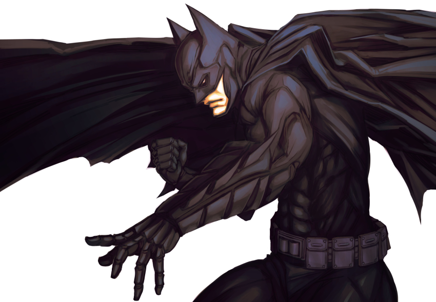 1boy animal_ears batman batman_(series) belt black_cape bruce_wayne cape clenched_hand closed_mouth dc_comics closed_eyes fighting_stance helmet highres male_focus mask mstm muscular simple_background solo white_bag