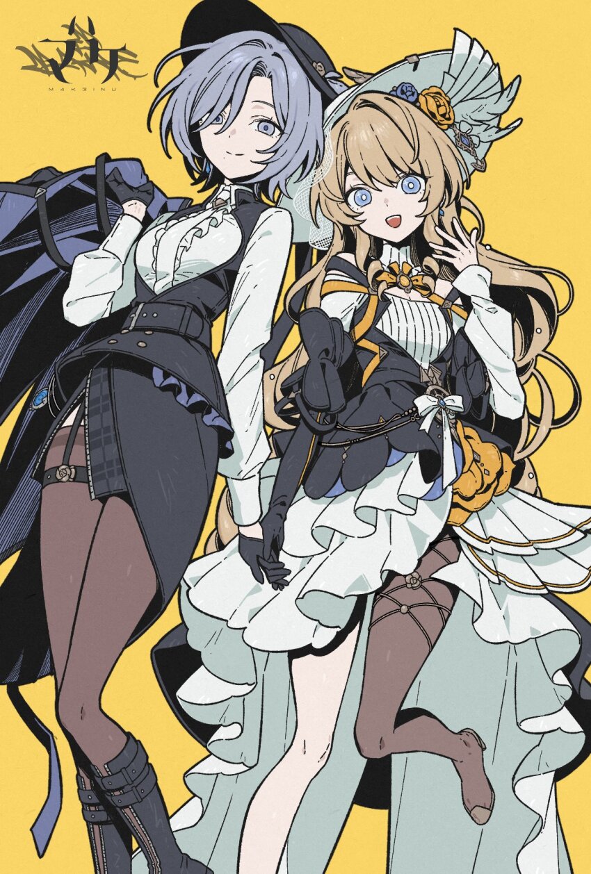 2girls asymmetrical_legwear black_boots black_gloves black_hat black_jacket black_skirt blonde_hair blue_eyes blue_hair boots character_request copyright_request dress elbow_gloves genshin_impact gloves hat high-low_dress highres jacket long_hair long_sleeves looking_at_viewer m4k3inu multiple_girls navia_(genshin_impact) shirt skirt sleeveless sleeveless_jacket thighhighs white_dress white_hat white_shirt yellow_background