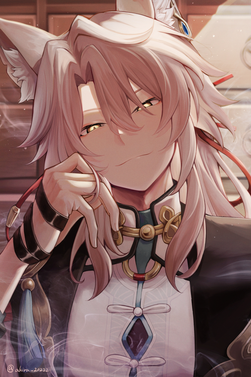1boy :3 absurdres adam&#039;s_apple animal_ear_fluff animal_ears chinese_clothes closed_mouth ear_ornament fox_ears hair_between_eyes hair_ribbon half-closed_eyes hand_in_own_hair hand_up hand_wraps head_tilt highres honkai:_star_rail honkai_(series) jiaoqiu_(honkai:_star_rail) kiguchi_hikaru long_hair looking_at_viewer male_focus mandarin_collar parted_bangs pink_hair red_ribbon ribbon shirt slit_pupils smoke solo twitter_username upper_body yellow_eyes