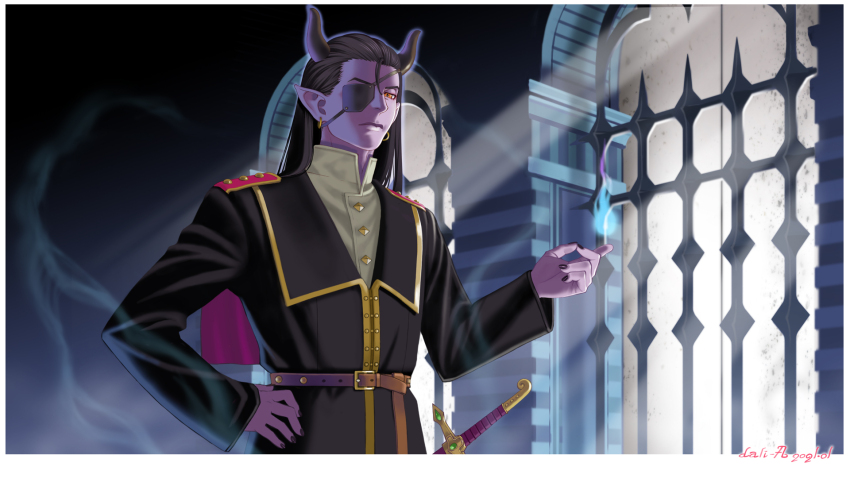 1boy black_coat black_hair black_horns black_nails border cape coat colored_skin commentary_request dahlia_(wvya4344) dated demon_boy dragon_quest dragon_quest_x earrings eyepatch gold_earrings hair_slicked_back hand_on_own_hip highres hoop_earrings horns jewelry looking_at_viewer magic male_focus najinn_(dragon_quest) overcoat purple_skin red_cape red_eyes solo sword upper_body weapon white_border window